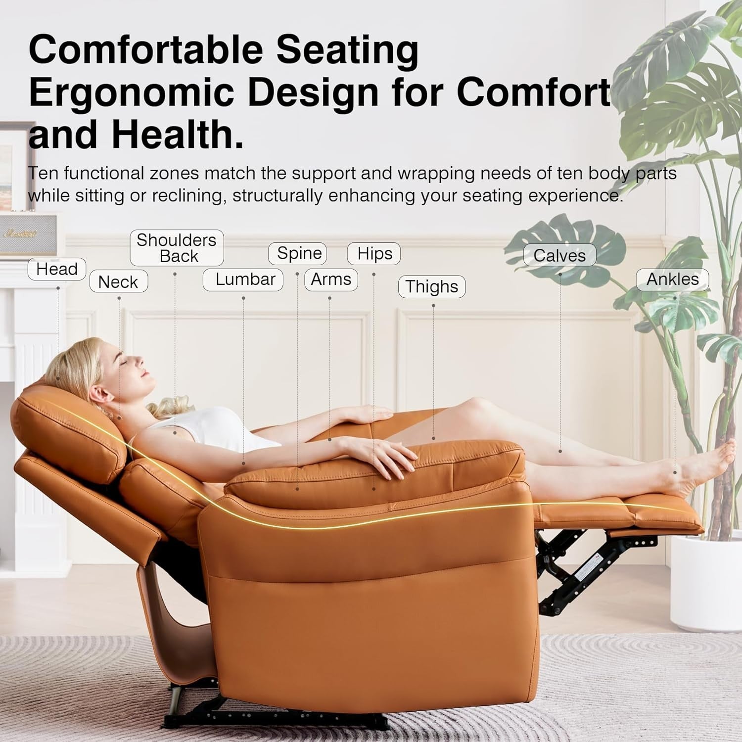 Genuine Leather Recliner Chair Orange Yellow, Ergonomic Living Room Sofa