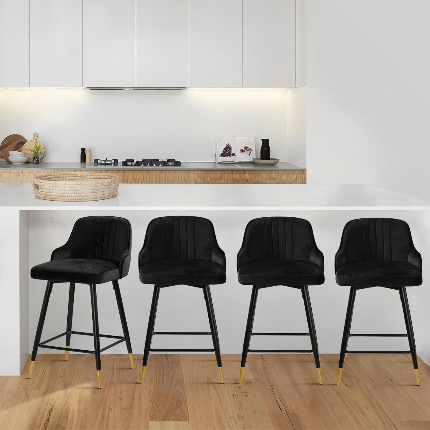 Black Velvet Swivel Bar Stools Set of 2 – Luxury Kitchen Counter Chairs