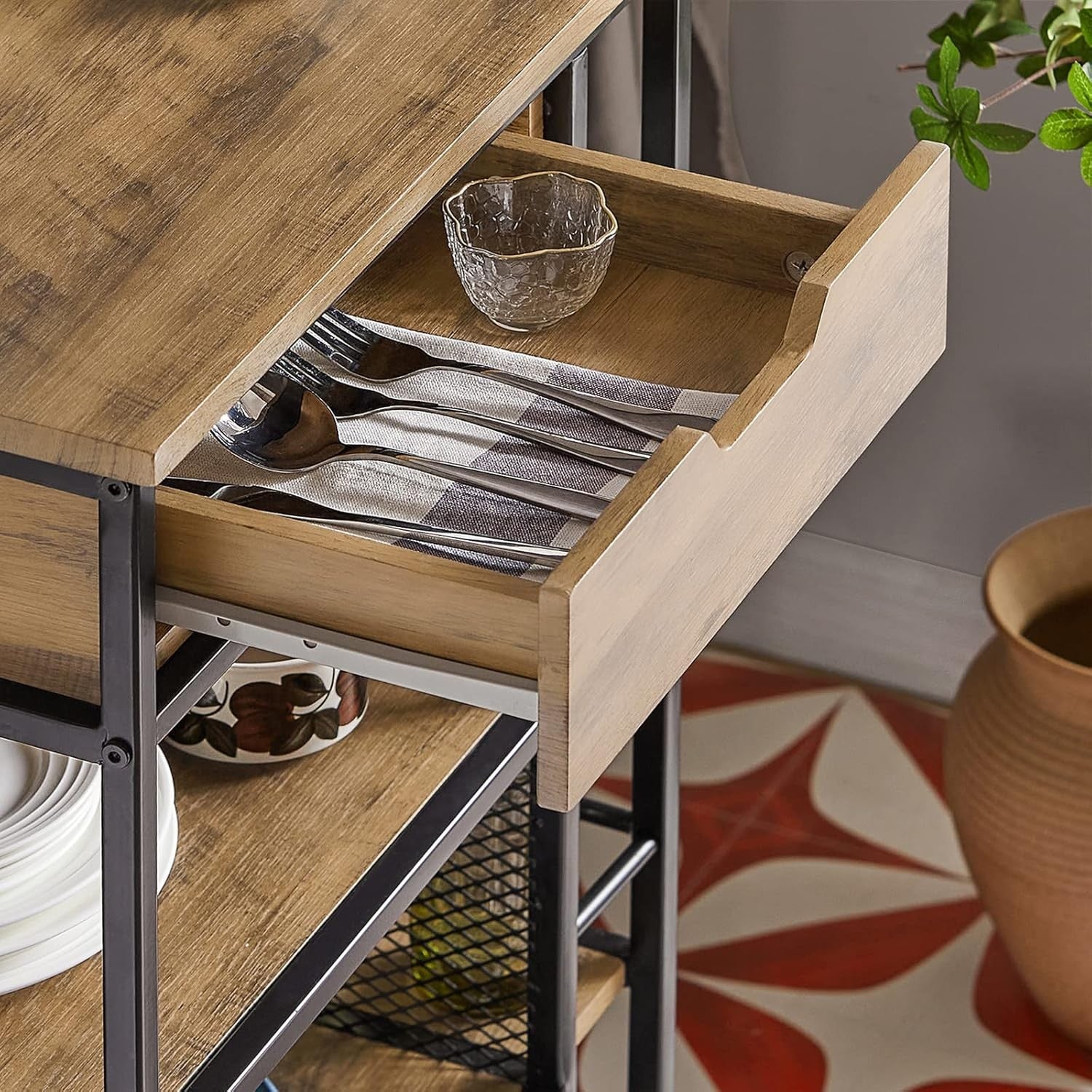 Industrial Kitchen Trolley on Wheels with Drawer 3 Shelves Storage Cart
