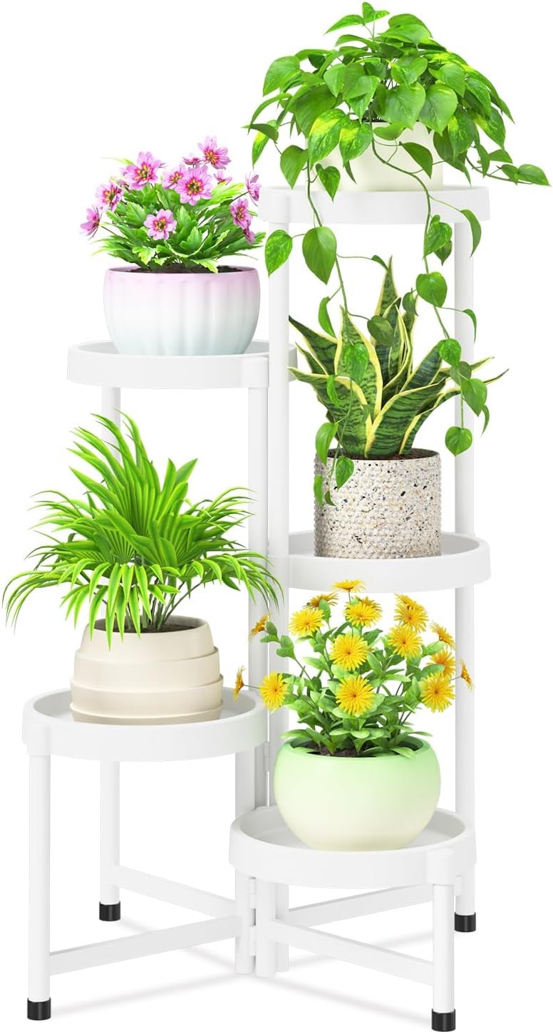 5 Tier Folding Plant Stand Indoor Outdoor | White Metal Corner Flower Rack