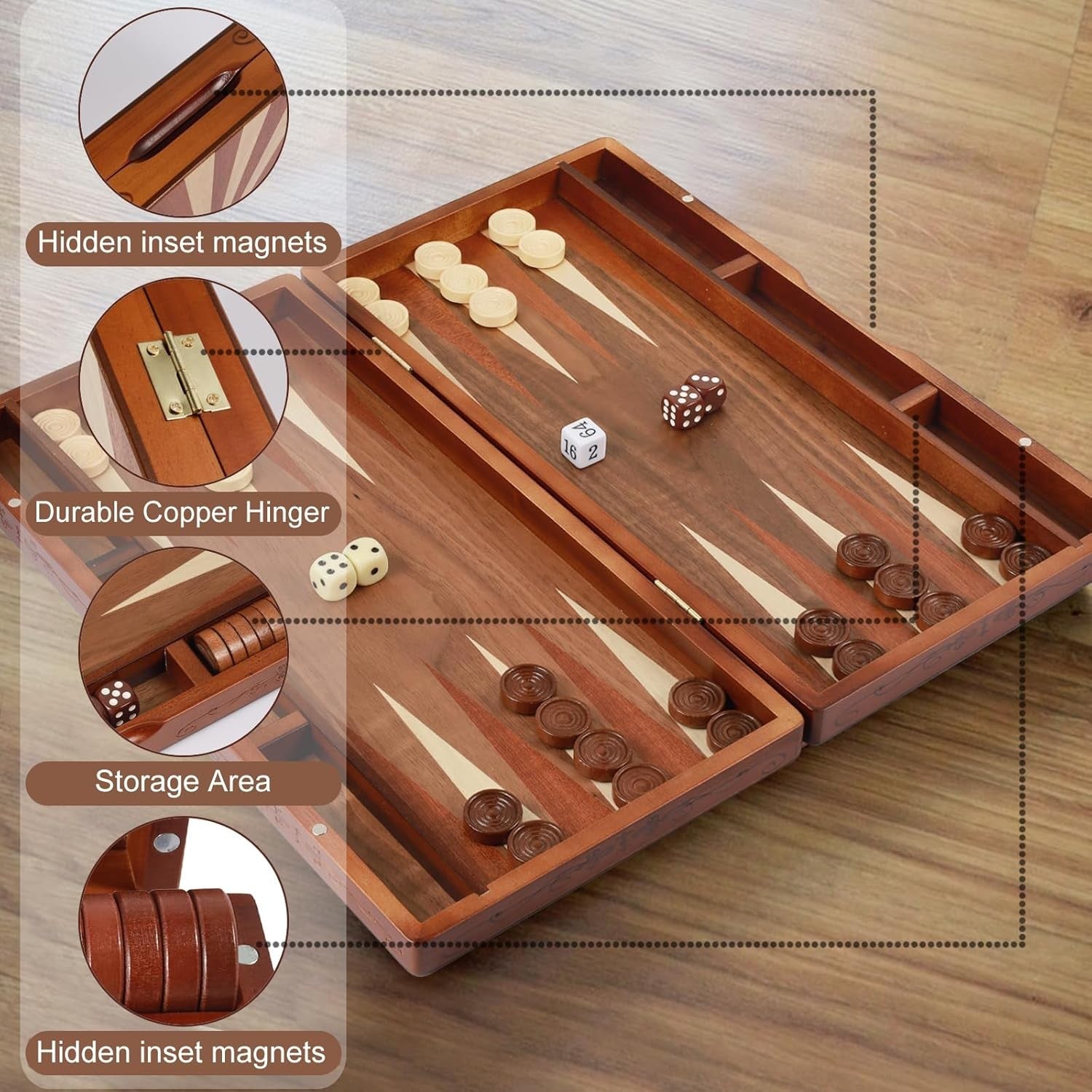 Large Wooden Backgammon Set 40cm Folding Board Travel Classic Strategy Game