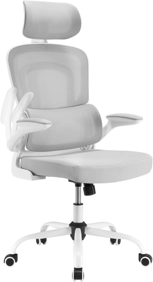 Ergonomic Office Chair Mesh Swivel Desk w/ Headrest Flip-Up Arms White/Gray 14kg