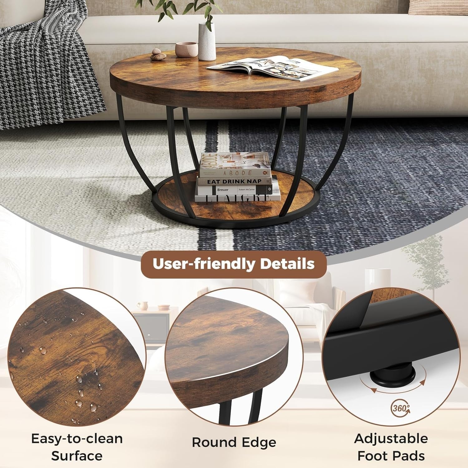 Round 2-Tier Coffee Table with Storage Shelf, Industrial Metal Frame, Rustic Bro