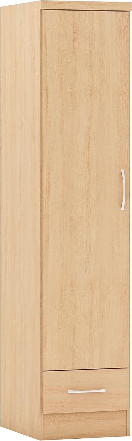 Slim Oak Effect 1 Door Wardrobe with Drawer – Space Saving Bedroom Unit