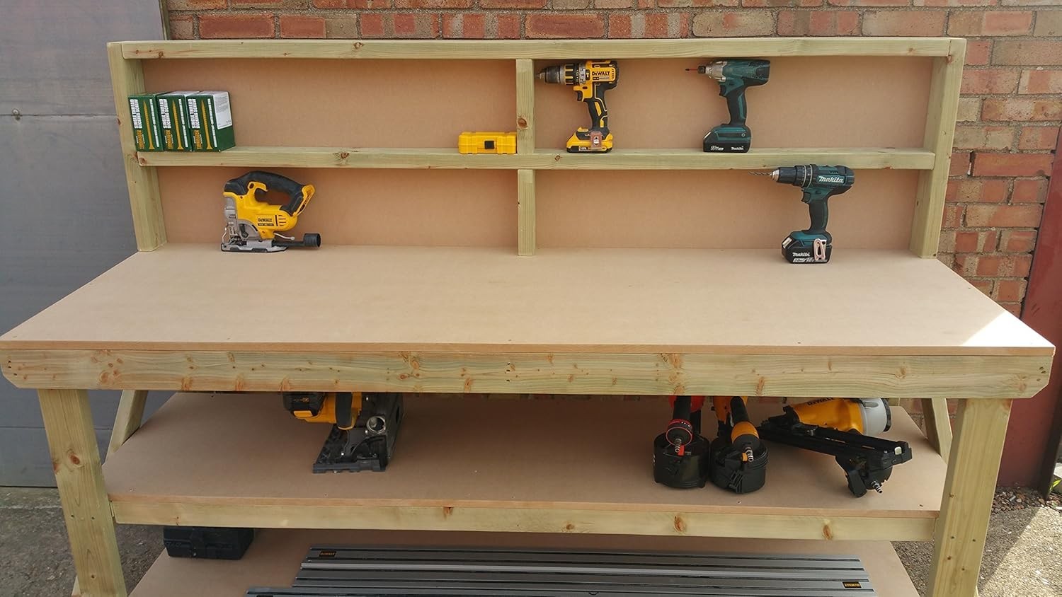 5ft Heavy Duty Wooden Workbench MDF Top Backboard Double Shelf Garage Table