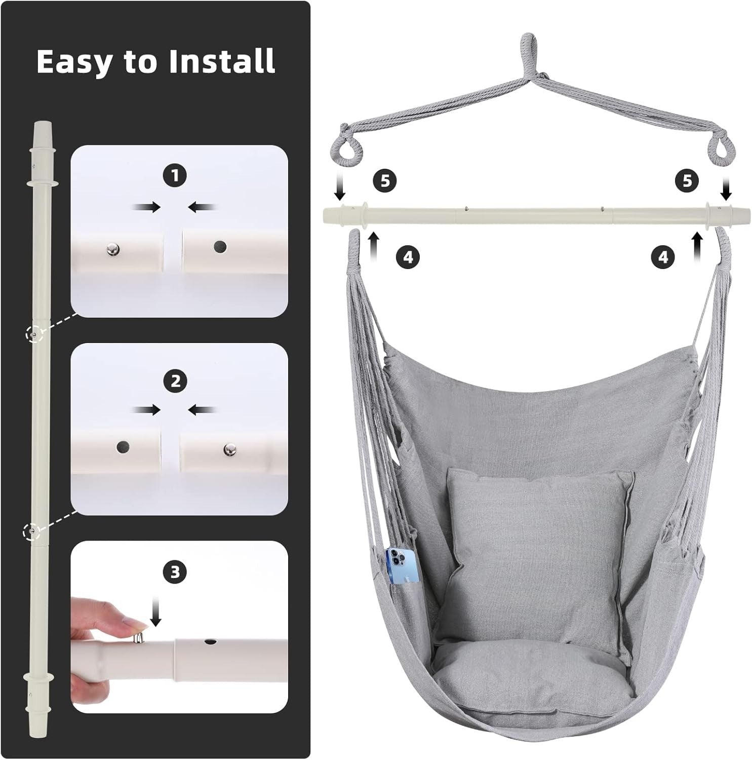Hammock Chair Swing Grey w/ Pillows, Bar & Bag | Indoor Outdoor 330lbs