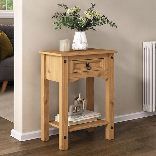 Solid Pine Console Table 1 Drawer Wax Finish Slim Hallway Storage Unit