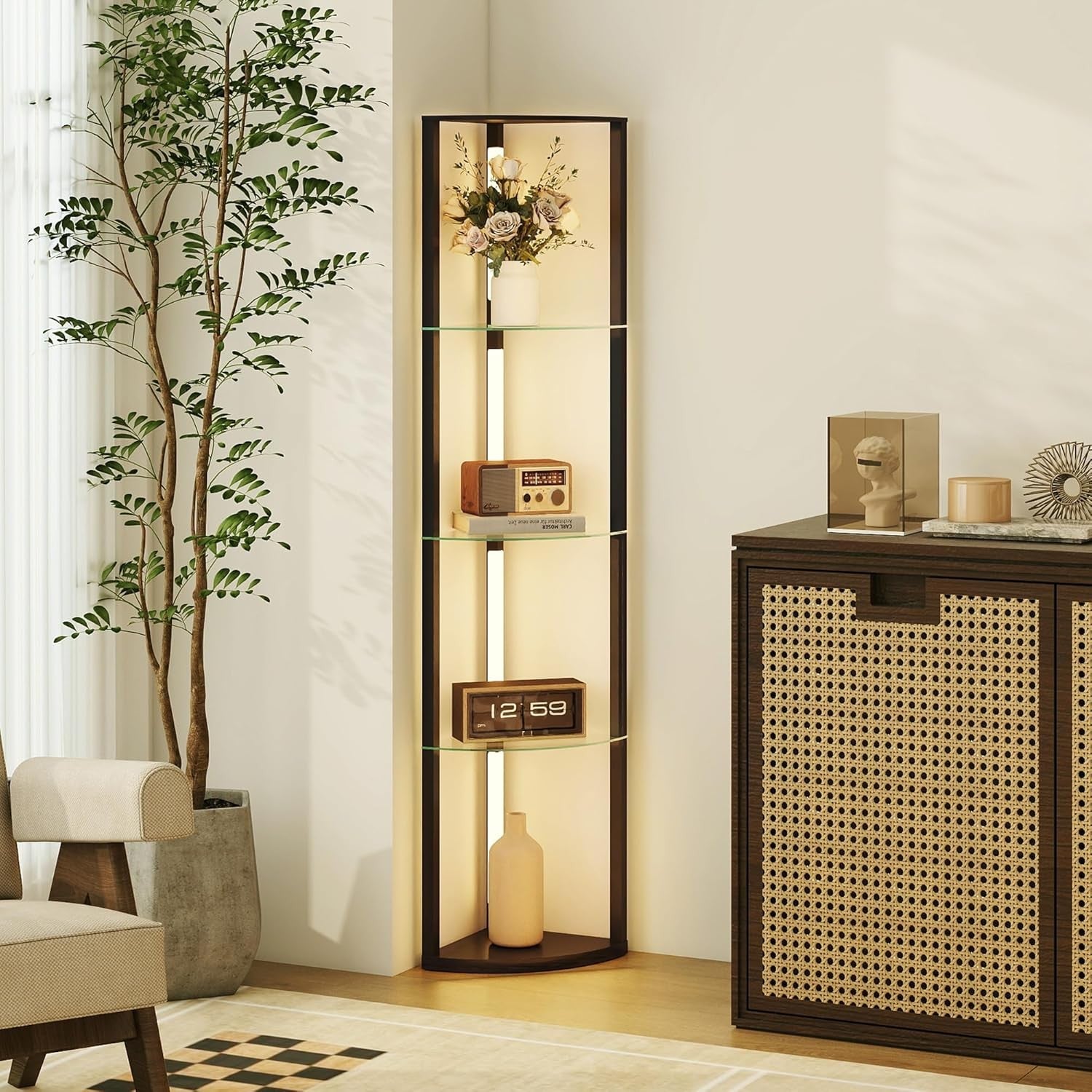 LED Floor Lamp with Shelves Dimmable Corner Standing Light Storage Unit