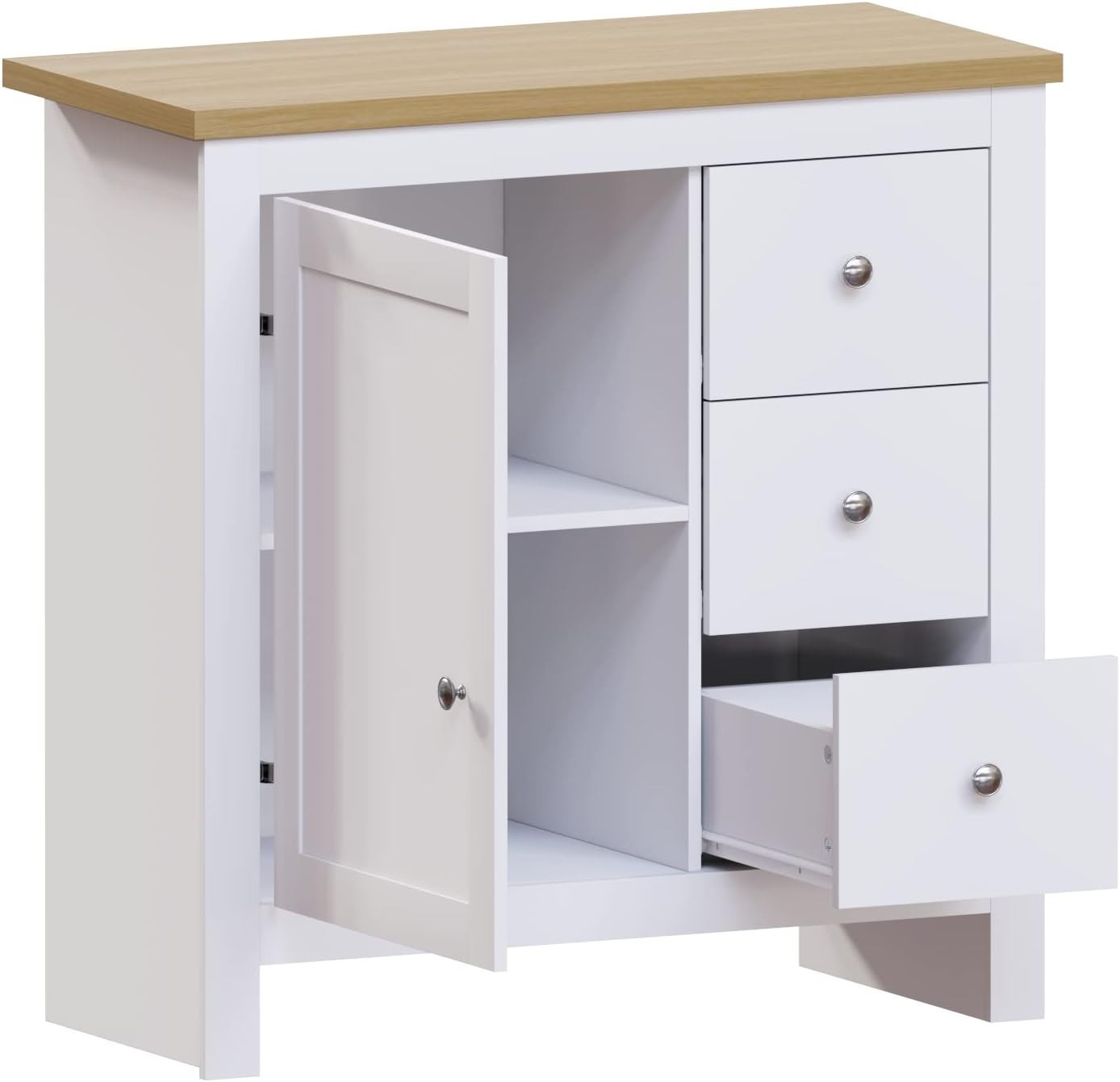 White Sideboard Cabinet with 3 Drawers Oak Top Storage Unit Hallway Slim
