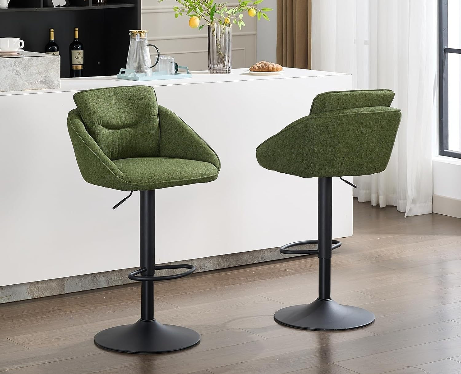 Adjustable Green Swivel Bar Stools Set of 2 | Linen Seat, Metal Base