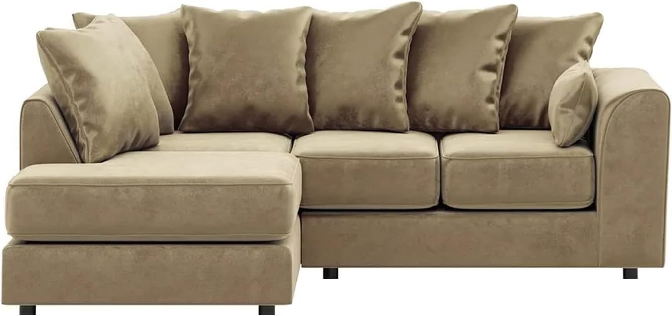Beige Velvet Corner Sofa 4 Seater L Shape | Full Foam Cushions | Space Saving