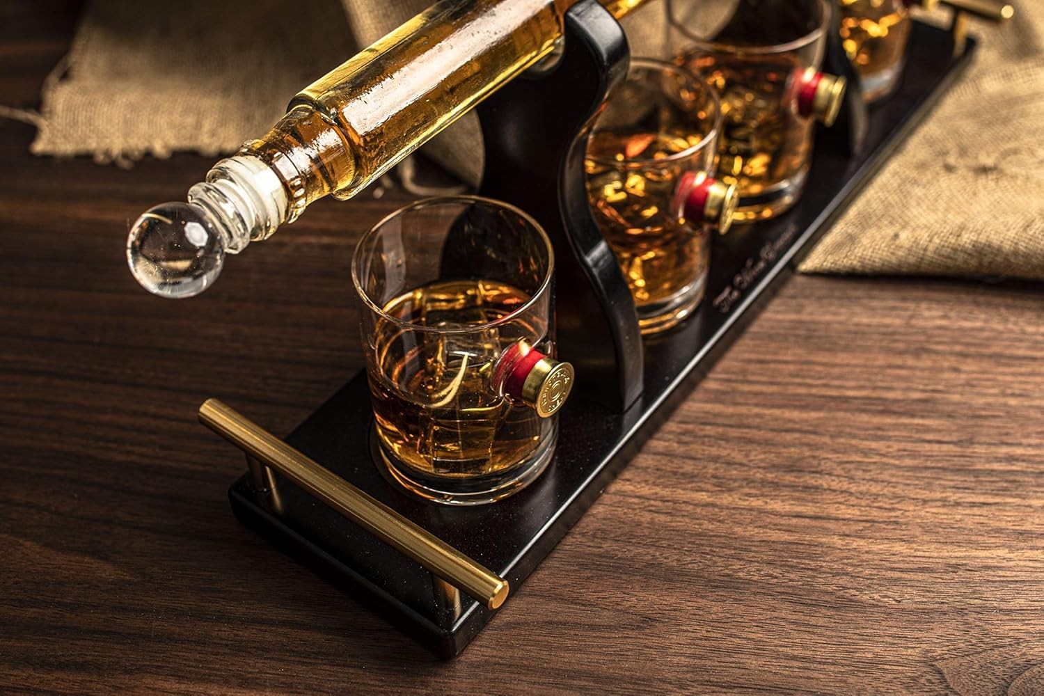 Shotgun Whiskey Decanter Set 1L with 4 Bullet Glasses Display Rack Gift