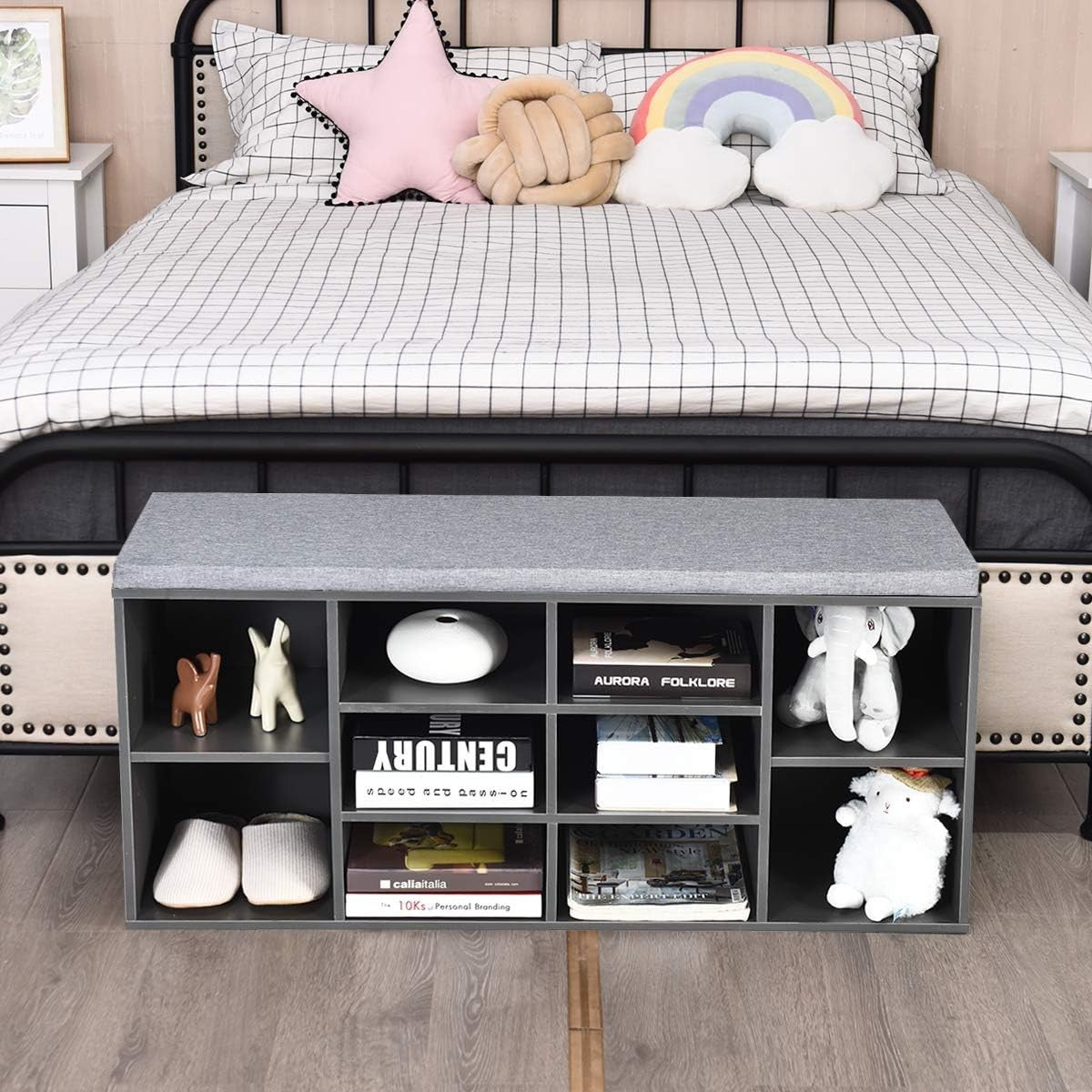 Modern Shoe Storage Bench with Cushion & Adjustable Shelves 104x30x48cm