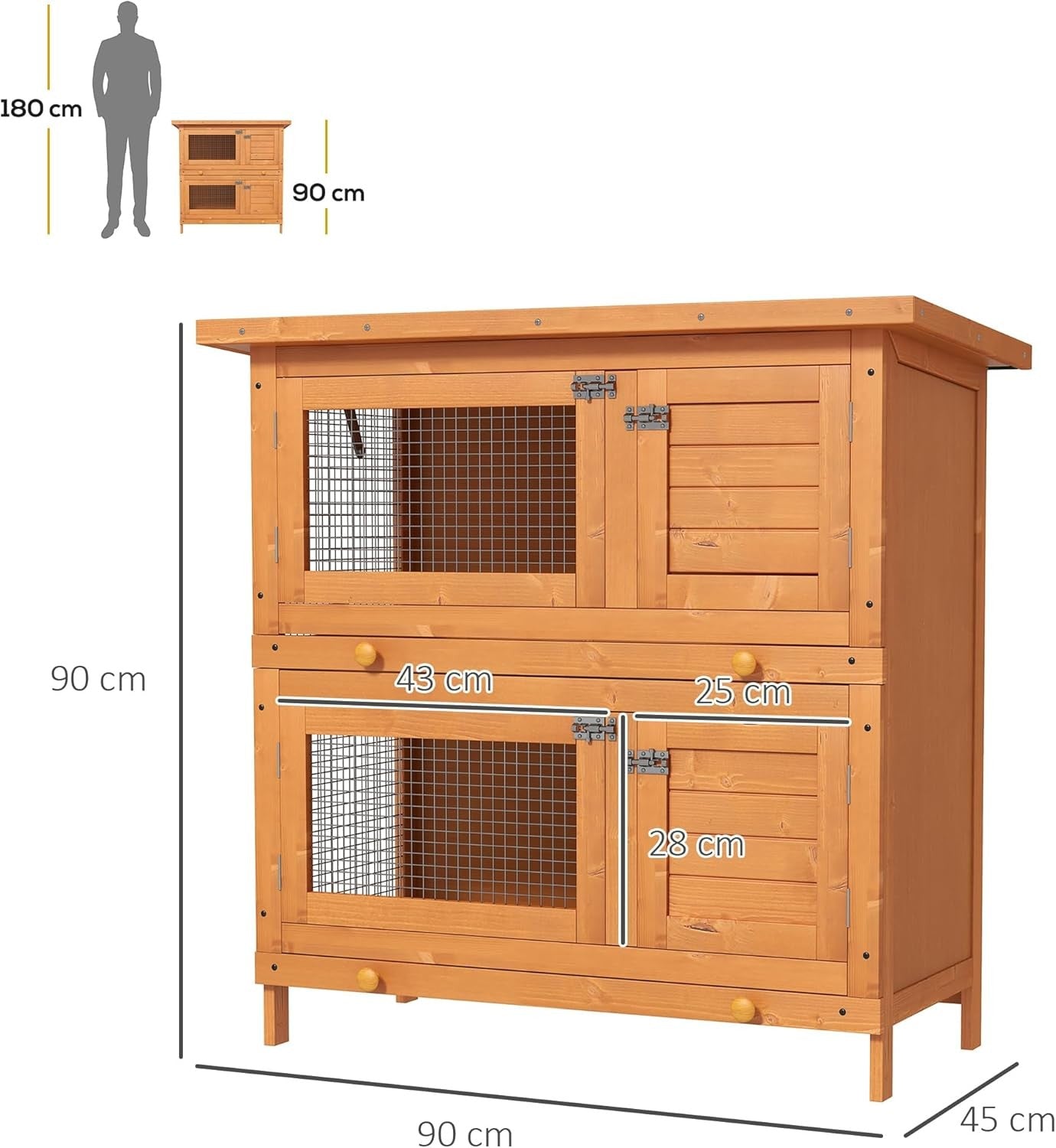 Large 2 Tier Rabbit Hutch Double Decker Wooden Cage Sliding Tray Roof