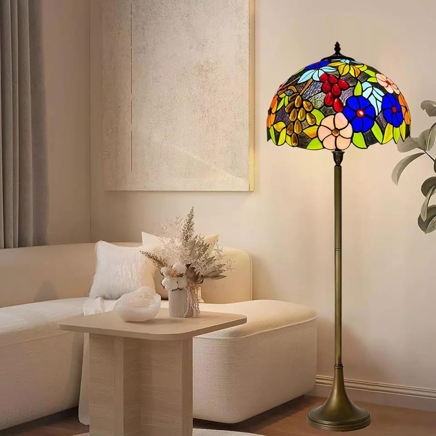 Tiffany Style Floor Lamp Handcrafted Stained Glass 16in Antique Decor Light