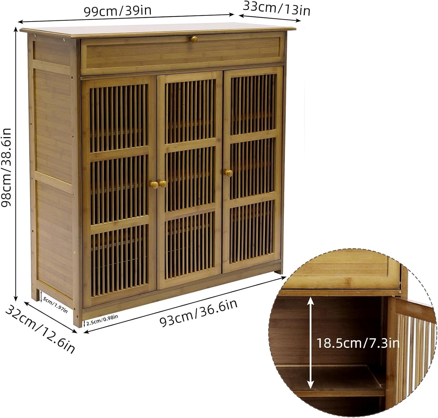 4 Tier Bamboo Shoe Cabinet with Drawer & Lockable Doors - Space Saving Organizer
