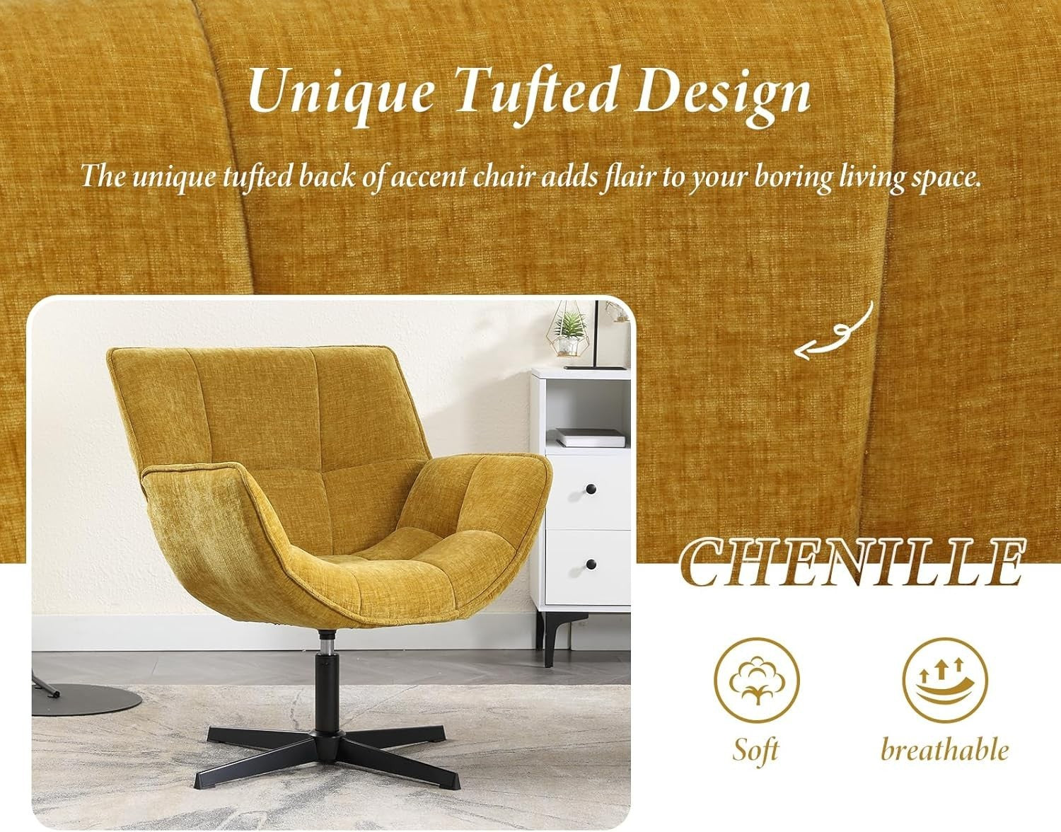 Swivel Chenille Tub Chair 360° Rotating Accent Armchair Yellow Lounge Seat