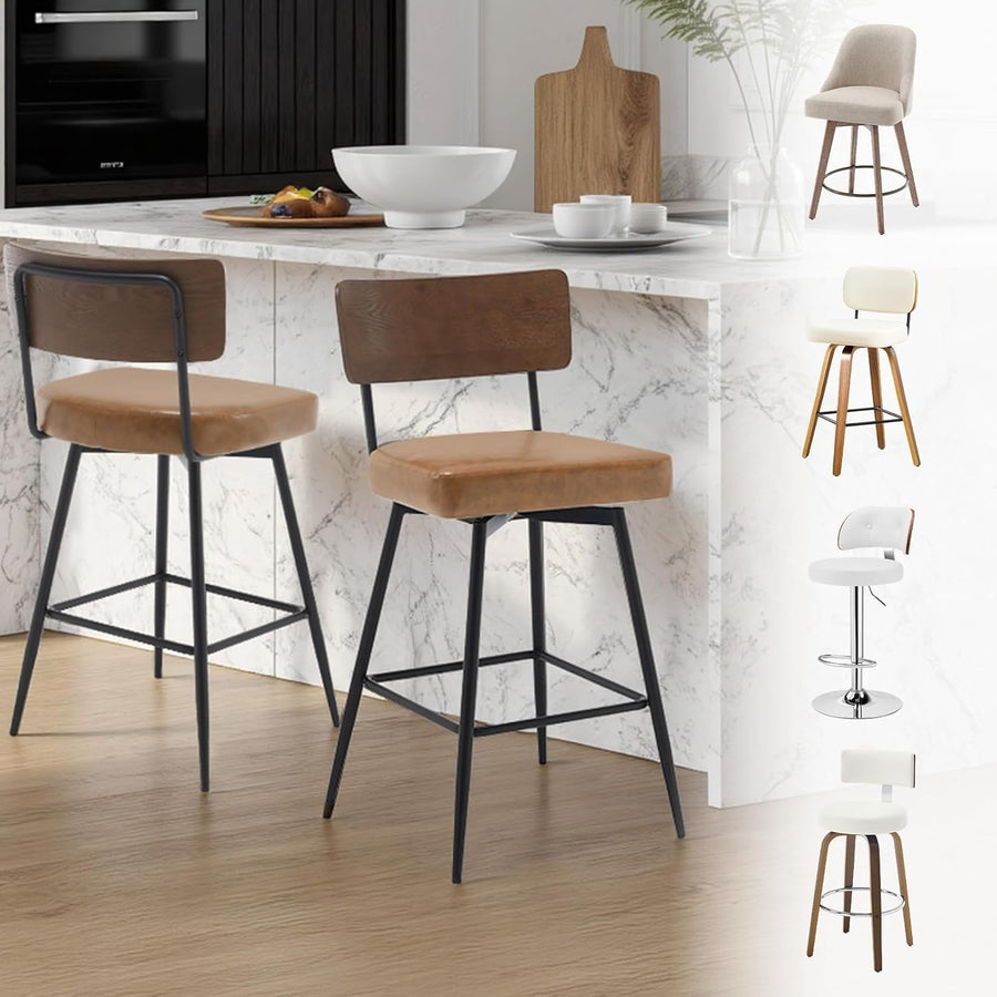 Swivel Bar Stools Set of 2 PU Leather Wood Back 65cm Seat