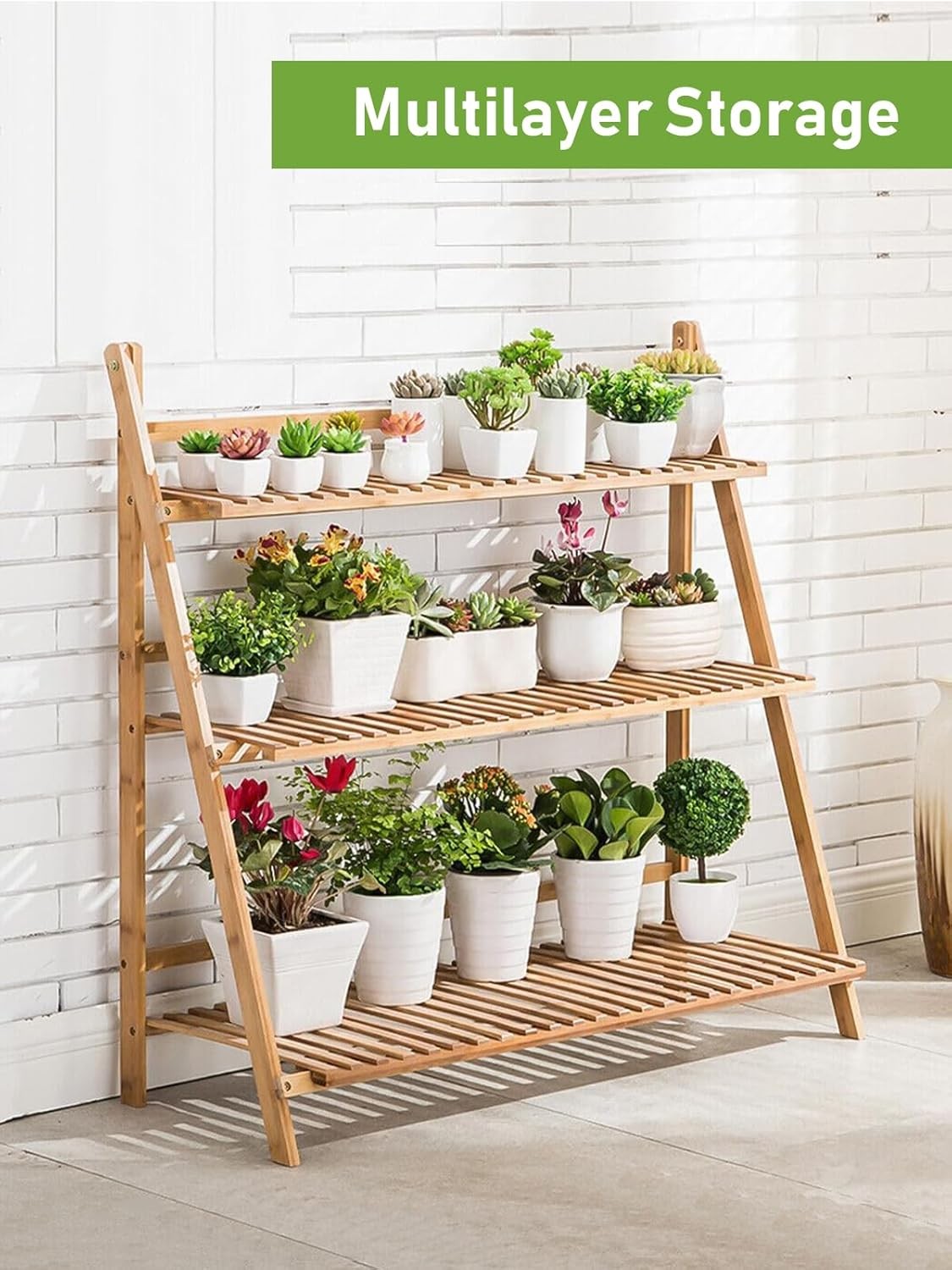 3 Tier Bamboo Ladder Plant Stand | Foldable Indoor Outdoor Flower Pot Shelf