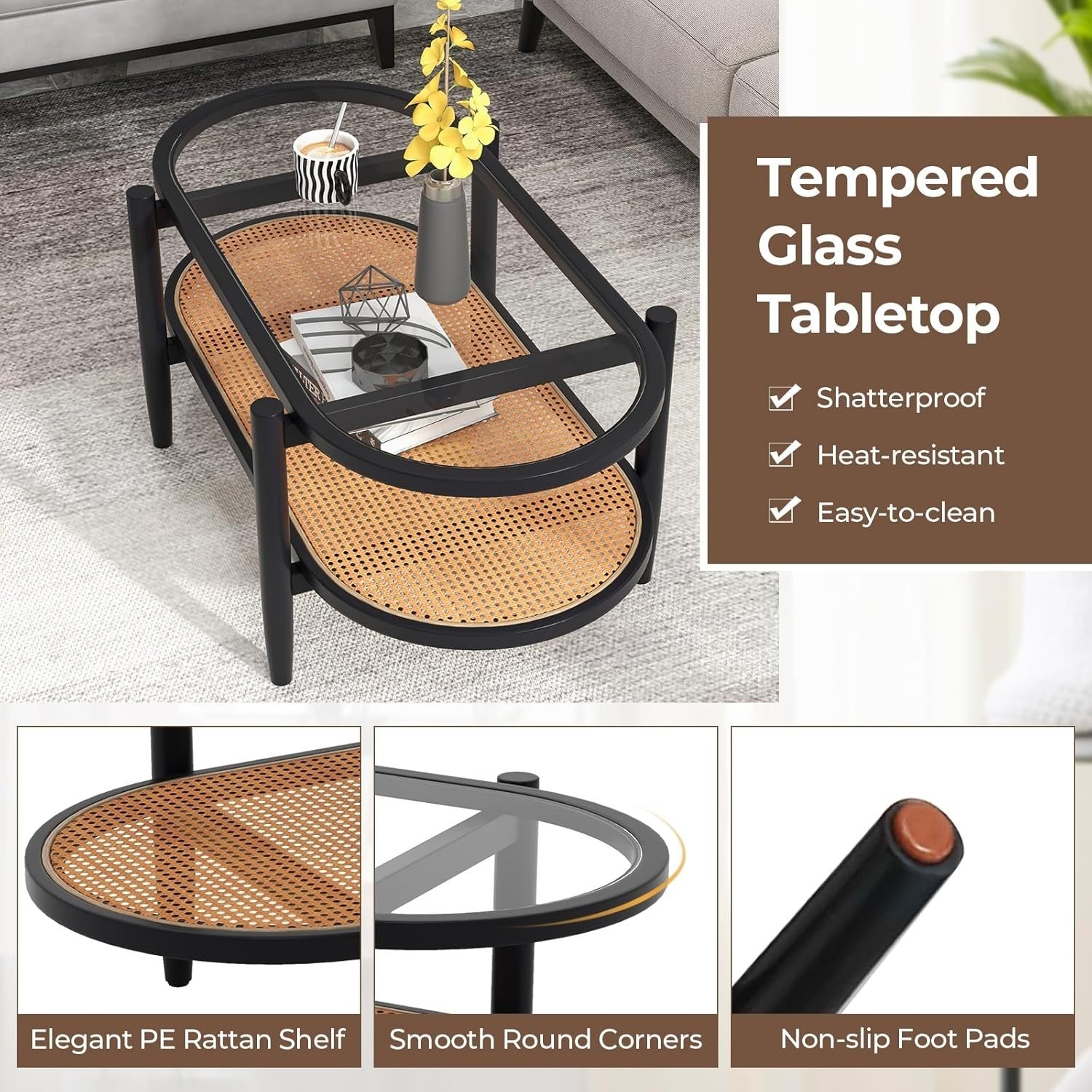 Black Glass Coffee Table with Rattan Shelf – 2-Tier Oval Wood Frame