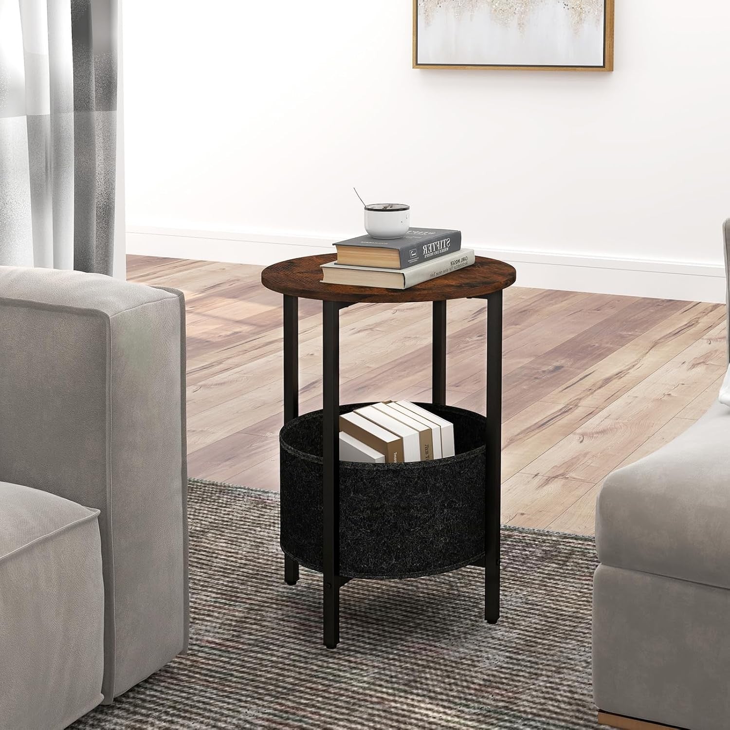 Round Rustic Bedside Table with Fabric Storage Basket & Metal Frame – 2-Tier Sid