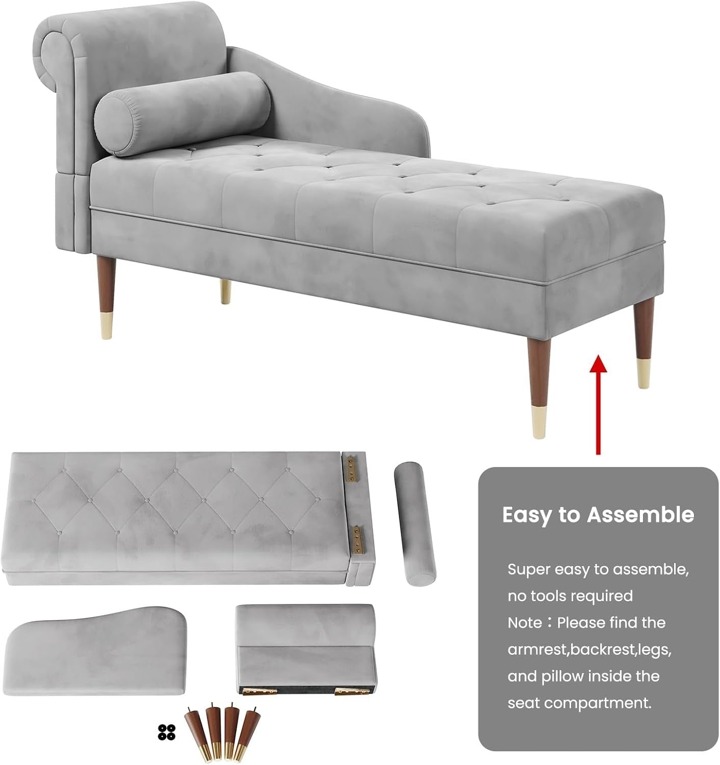 Luxury Grey Velvet Chaise Lounge Sofa Left Armrest – Space-Saving & Comfy