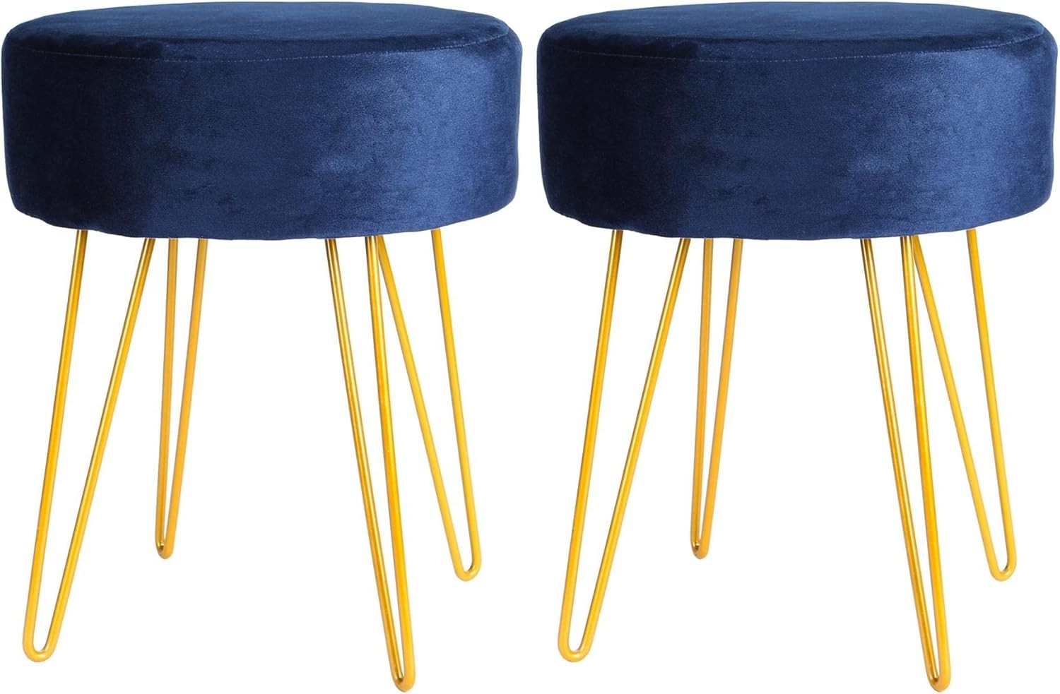 Set of 2 Blue Velvet Footstools Gold Legs Modern Round Pouffe Seats