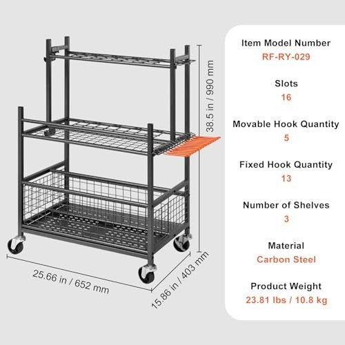 Garden Tool Organizer 65x40x97cm 16-Slot Rack with Wheels Garage Storage