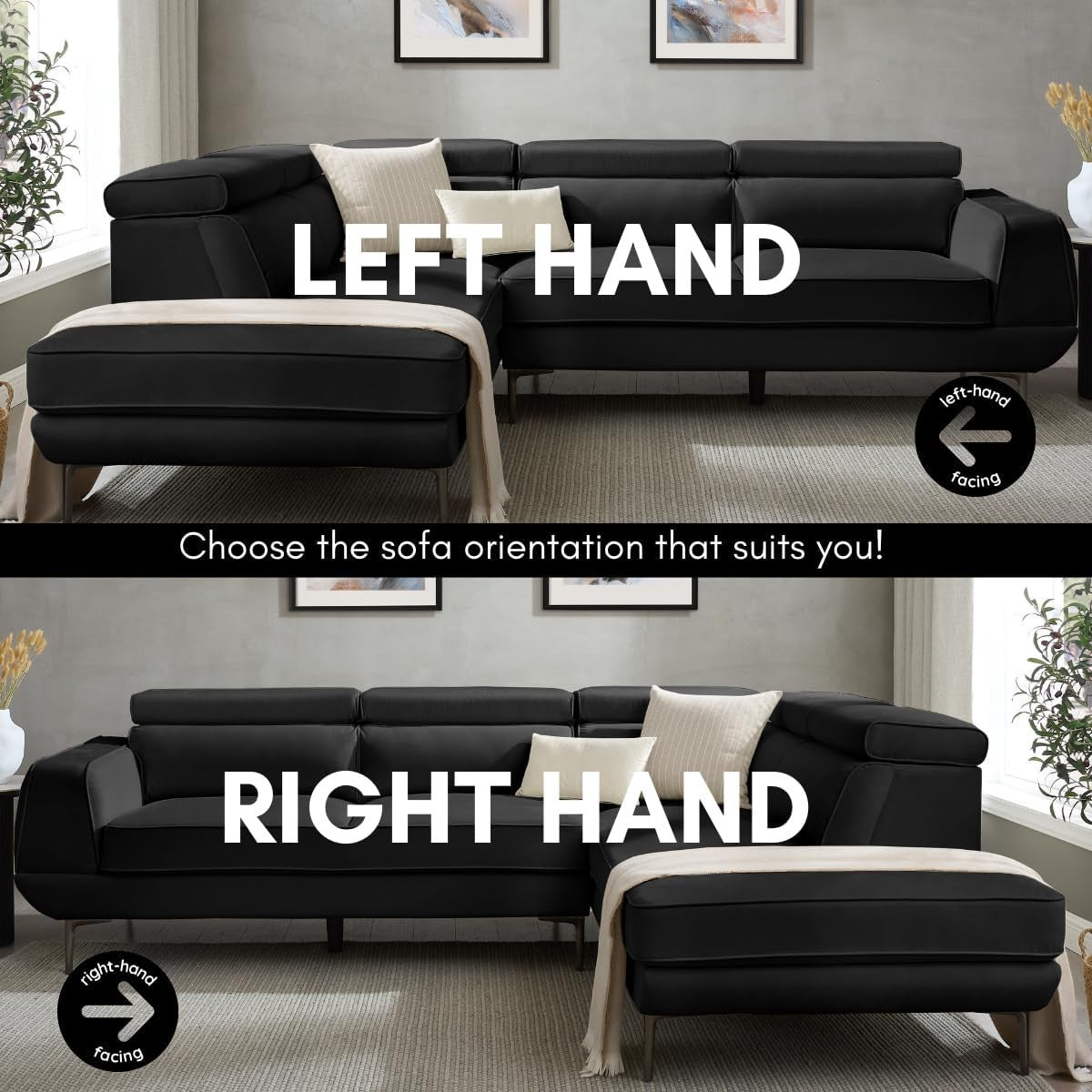 5 Seater L-Shaped Velvet Sofa in Black with Adjustable Headrests & Metal Legs