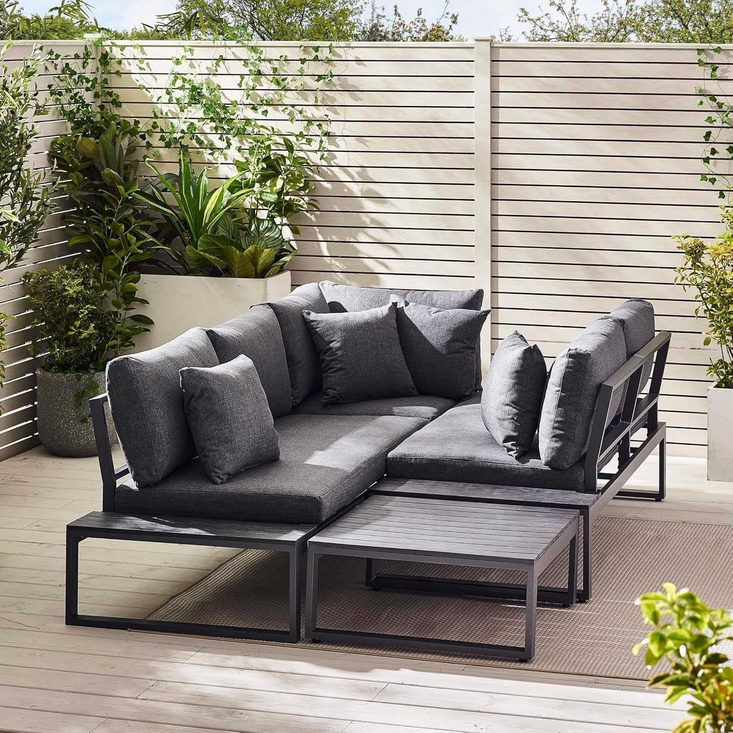 6-Seater Outdoor Corner Sofa Set Grey Metal Rattan Garden Lounge