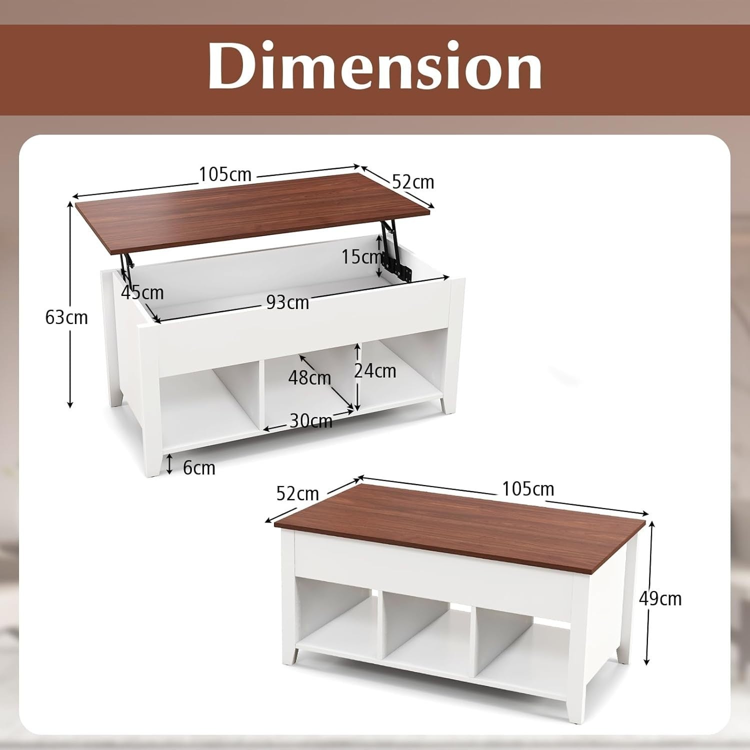 Lift Up Coffee Table with Hidden Storage & 3 Open Cubes, 105x52x49cm