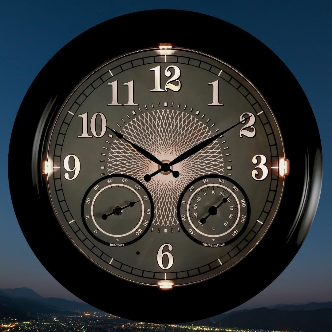 18" Outdoor Wall Clock LED Light Temp Humidity Sensor Waterproof Garden