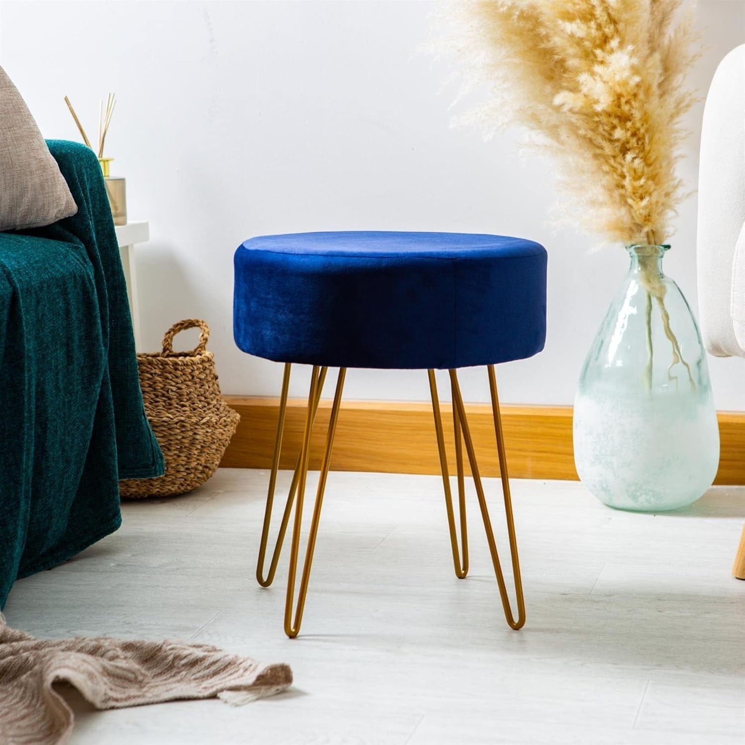 Blue Velvet Round Footstool with Gold Metal Legs – Modern Compact Pouffe