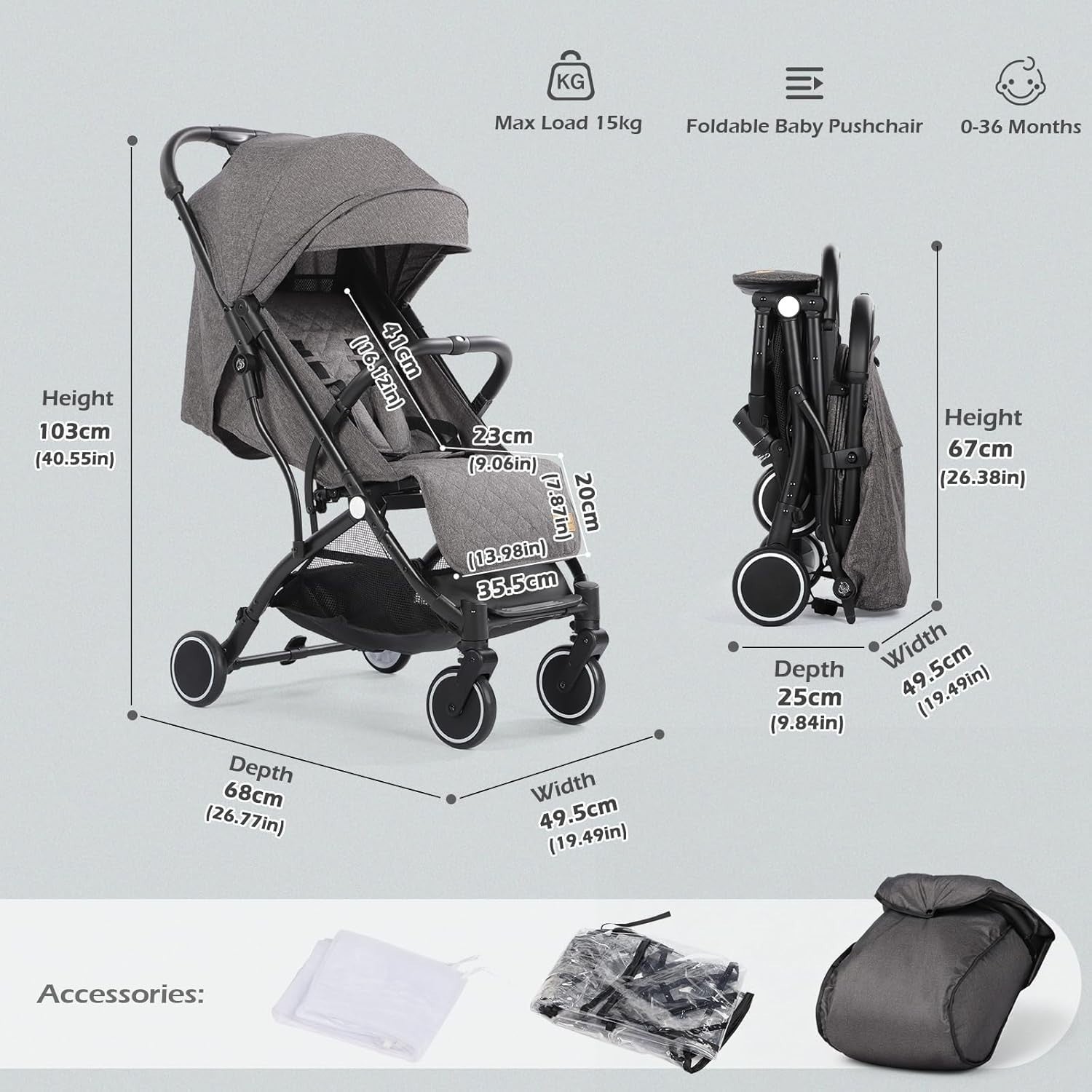 Lightweight Travel Pushchair Buggy One-Hand Fold Newborn–3Y 15kg Dark Grey