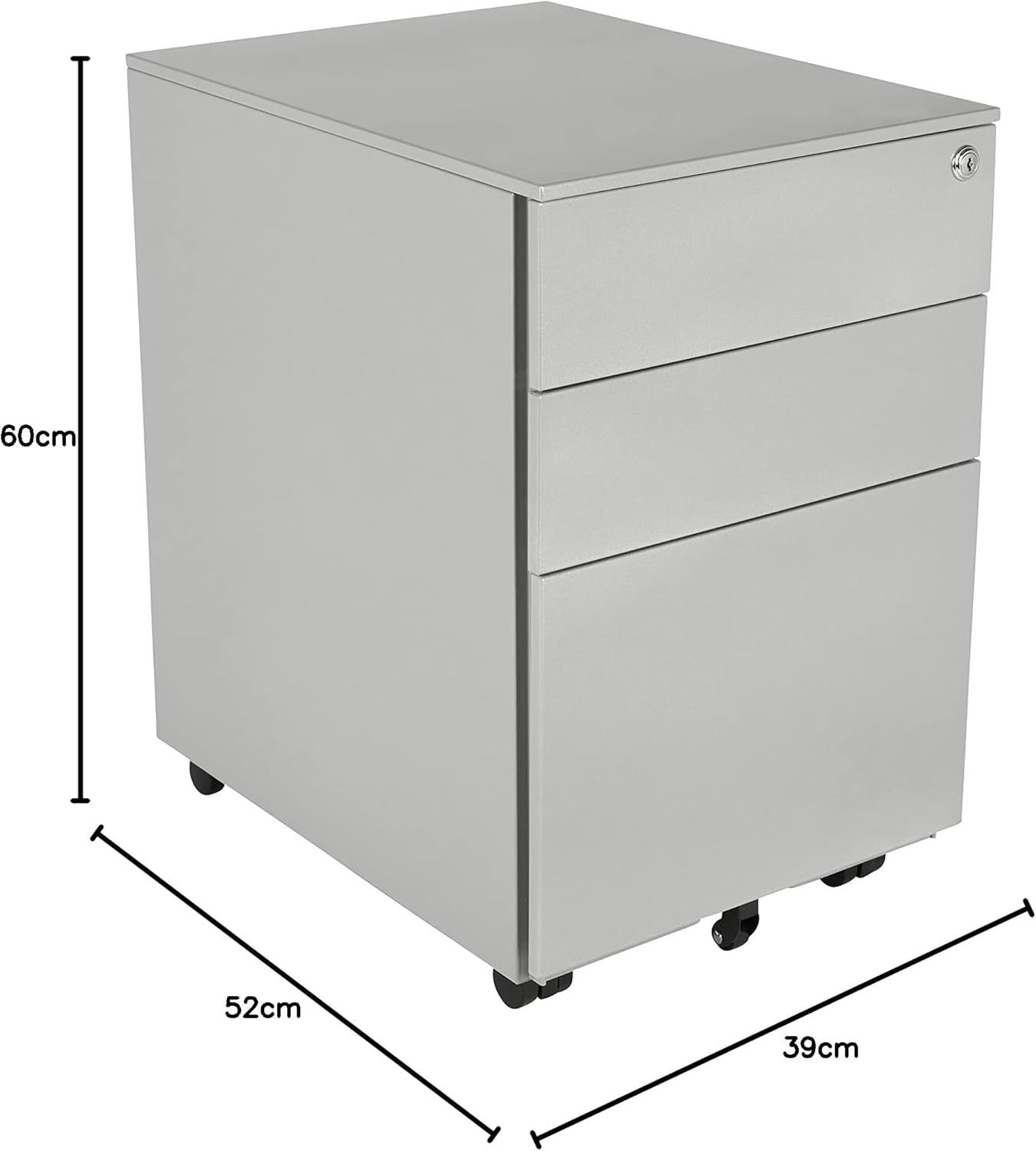 Grey Metal Under Desk Filing Cabinet 3 Drawer Lockable 60cm