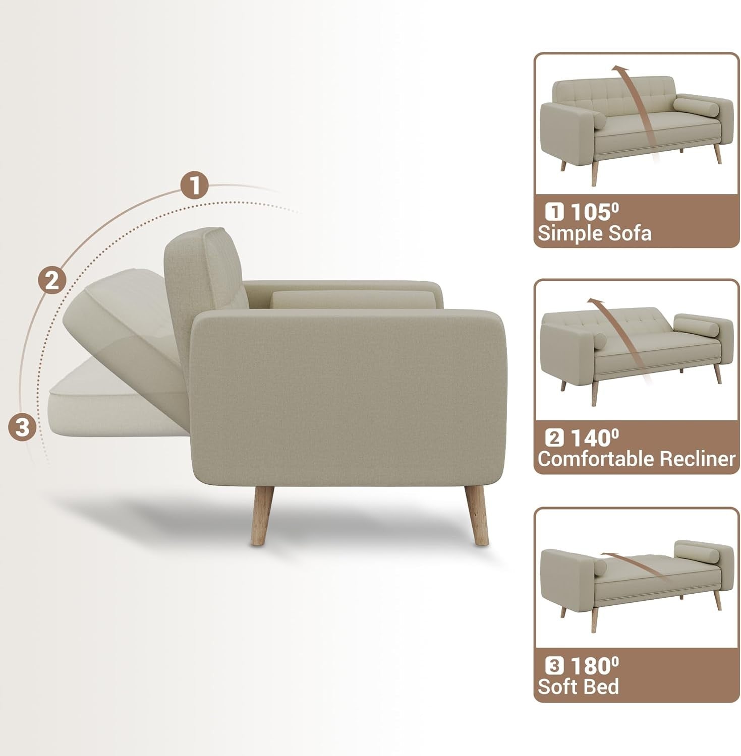 Cream 3 Seater Sofa Bed Linen Fabric Guest Couch w/ Arms for Lounge or Flat