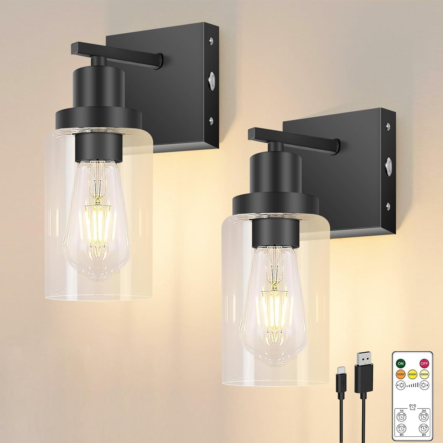 Wireless Rechargeable Wall Sconce Lights 2-Pack, Dimmable with Remote