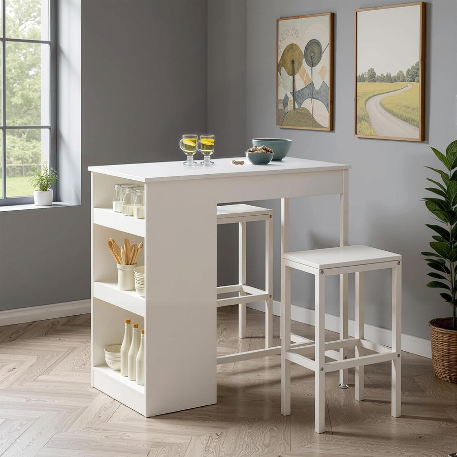 Compact Bar Table & 2 Stools Set with 3-Tier Storage White 91x49.5cm
