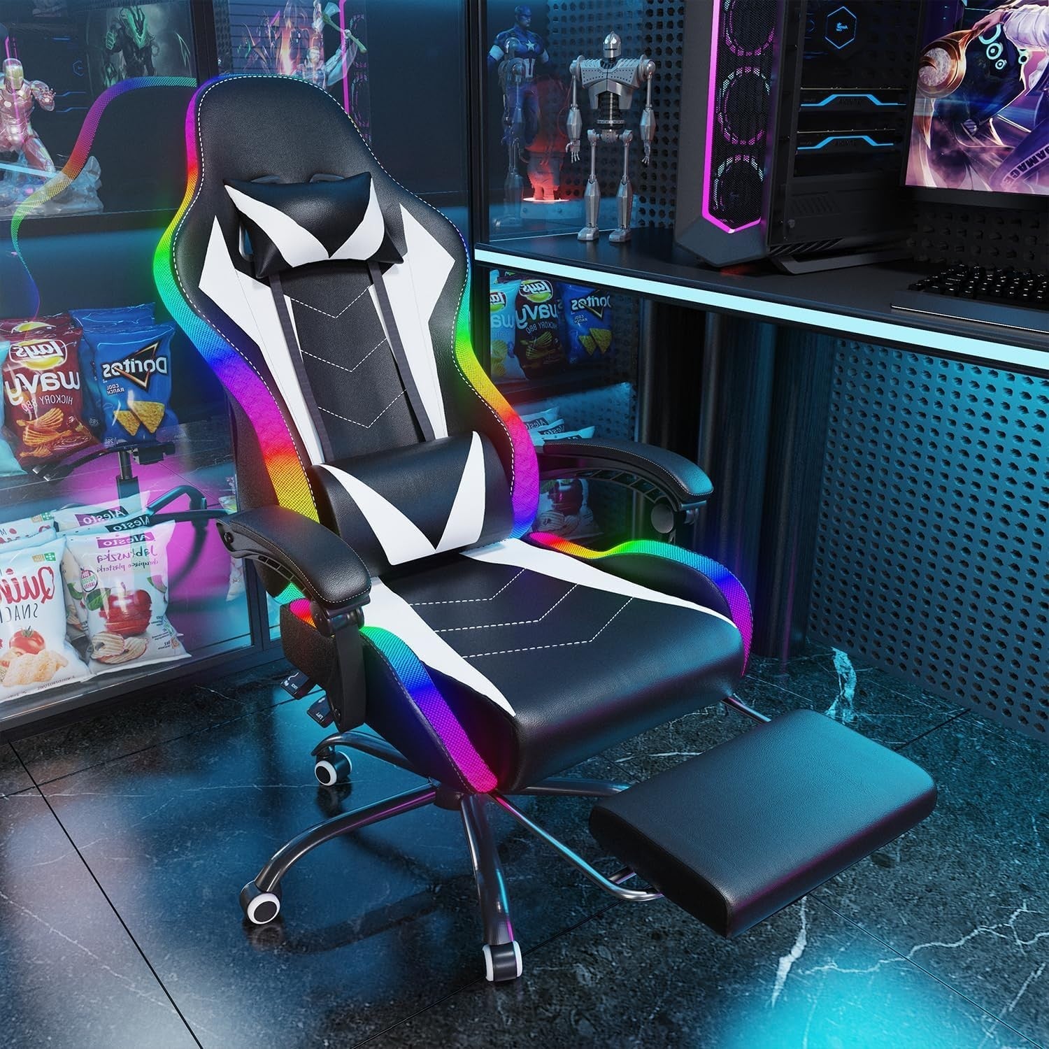 Gaming Chair Recliner w/Footrest, LED RGB Lights, Lumbar Massage, 30-Day Return