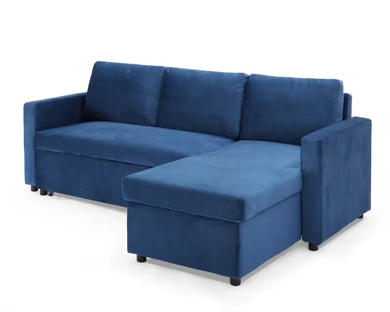 3 Seater Sofa Bed Blue Velvet | Pull Out Chaise with Storage | Reversible