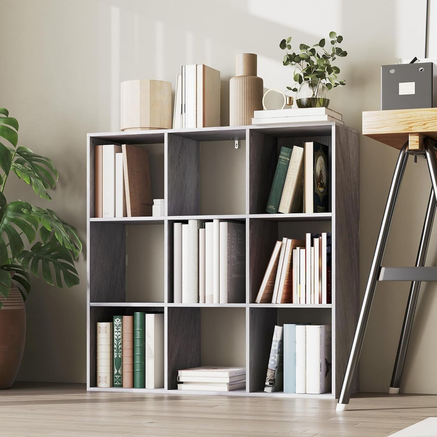 9 Cube Marble Grey Bookcase – Modern Storage Shelf Unit for Home Office