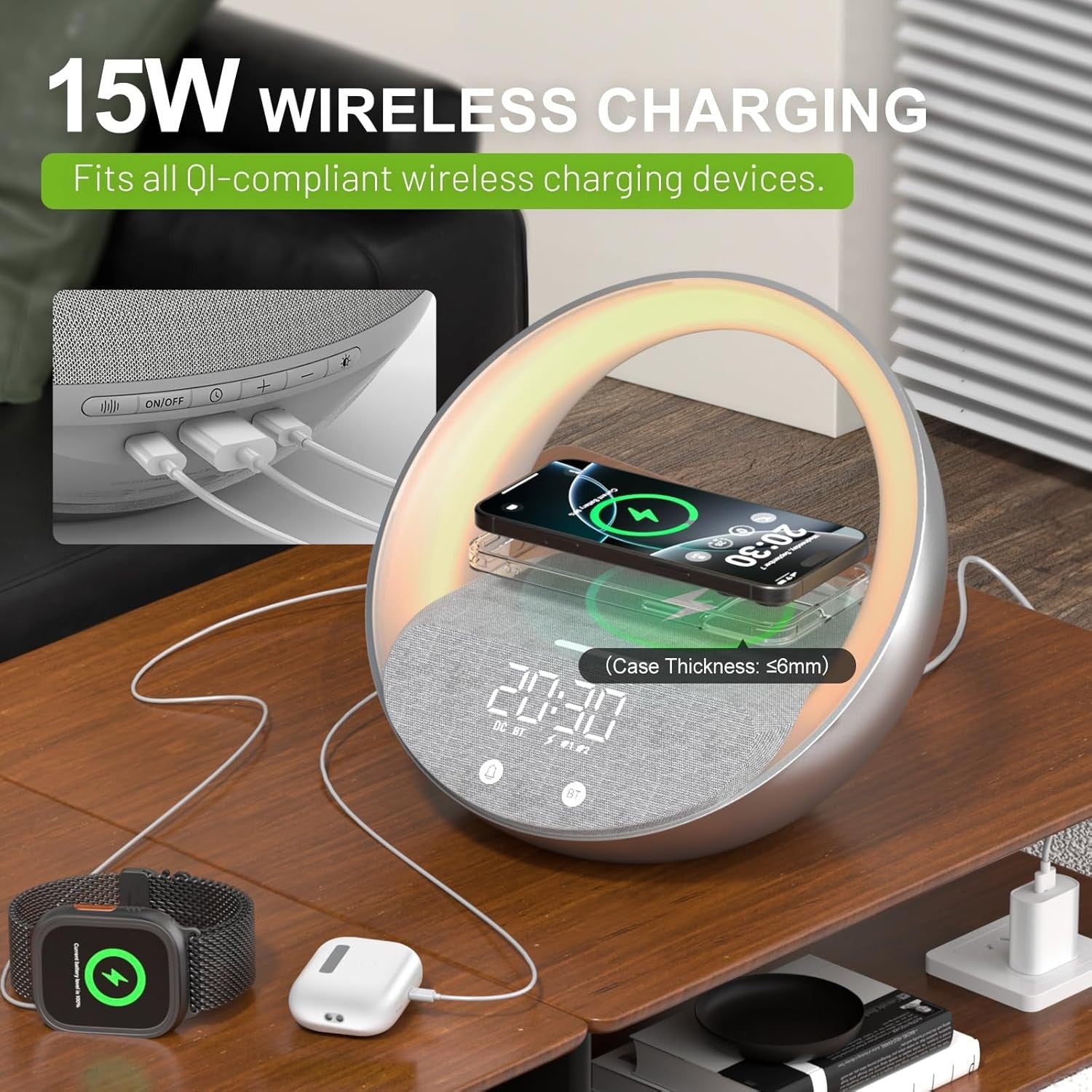 Wireless Charging Alarm Clock Bluetooth Speaker Sunrise Wake Up Light