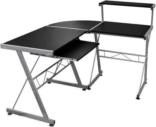 Black L-Shaped Corner Desk with Shelves & Keyboard Tray for Home Office