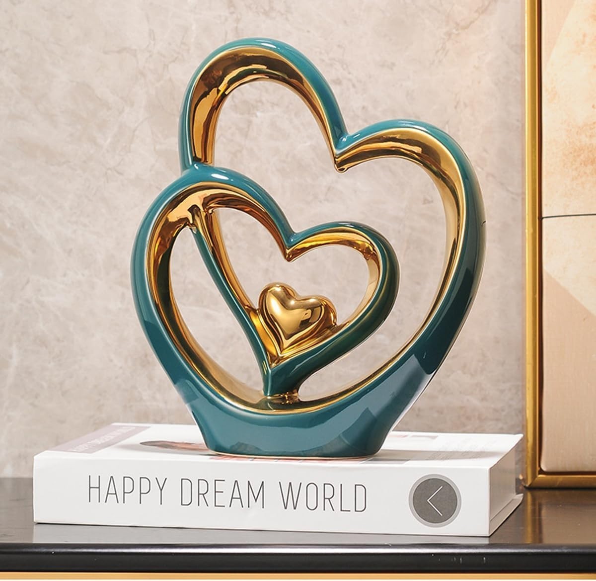 Luxury Double Heart Ceramic Sculpture Green Gold Ornament Modern Home Decor Gift