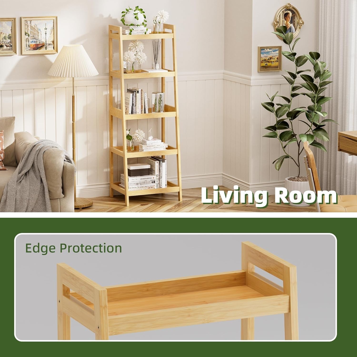 Natural Bamboo 5-Tier Ladder Bookcase, Tall Narrow Display Storage Shelf