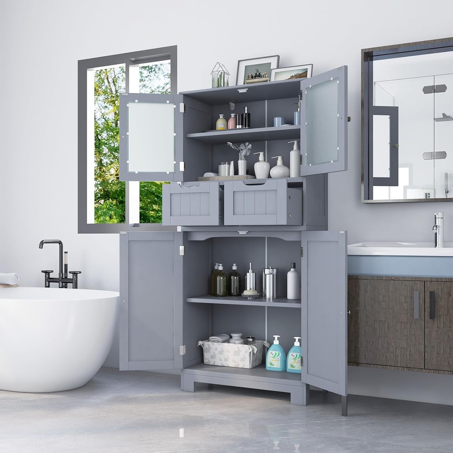 Grey Freestanding Storage Cabinet with Glass Doors & Drawers Shelves