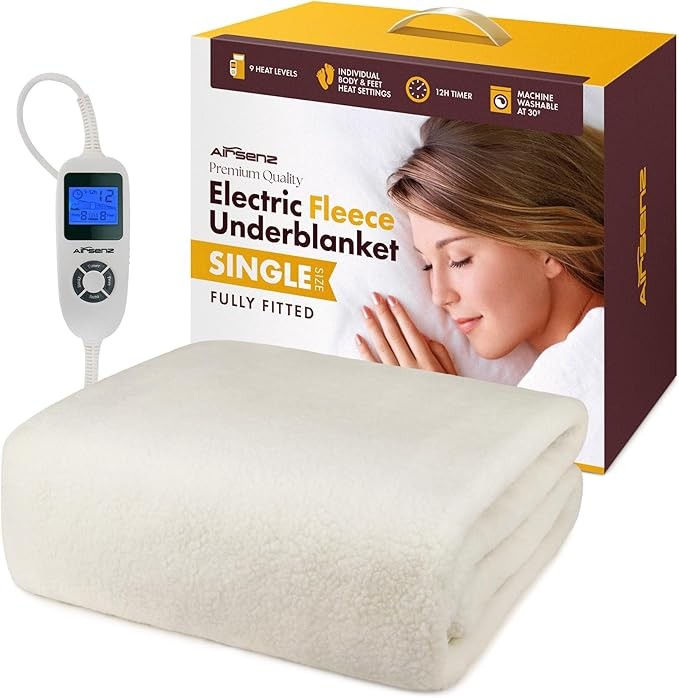 Electric Fitted Heated Blanket Single Fleece 9 Heat Body & Feet Timer