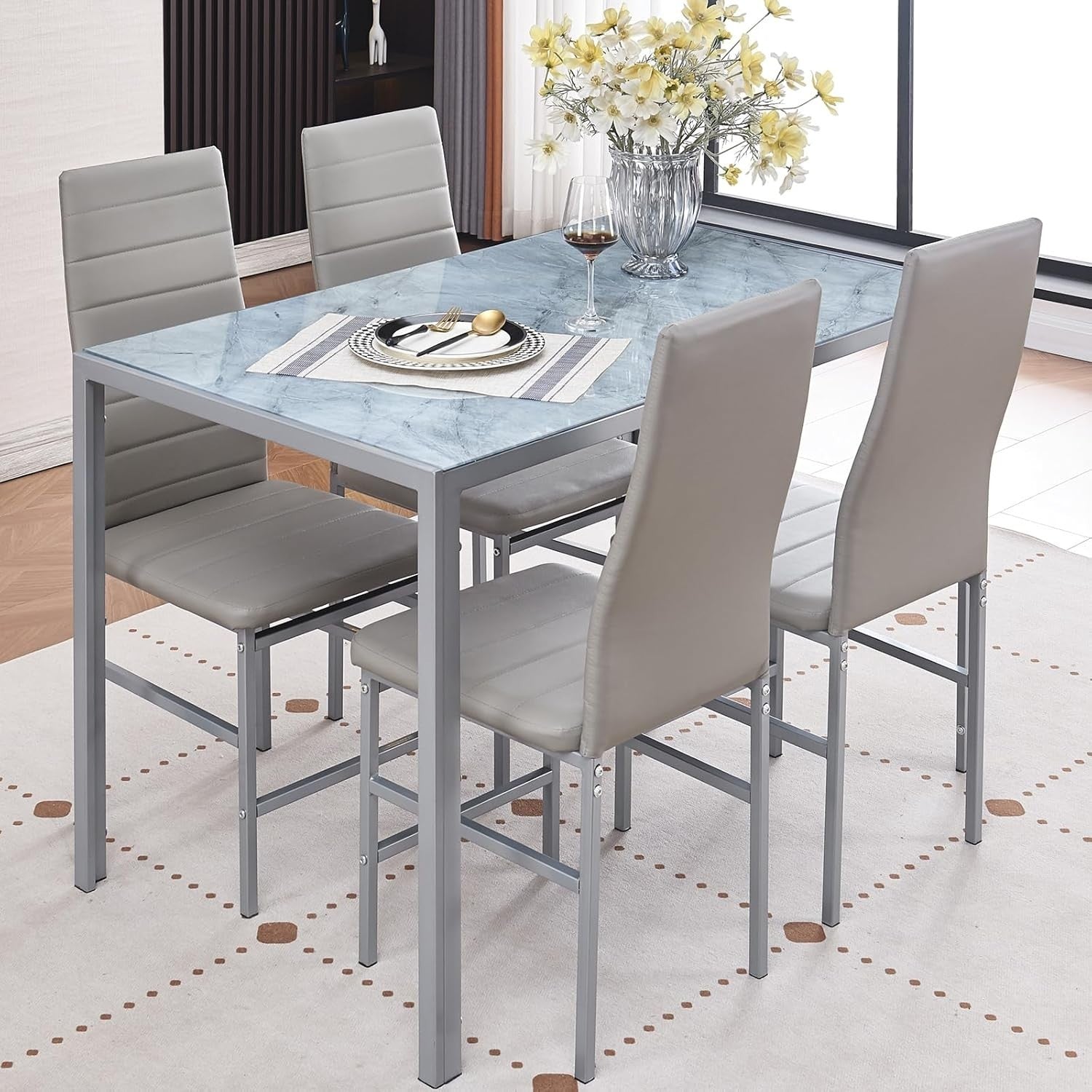 5PC Grey Marble Effect Glass Dining Set with PU Leather Chairs Compact