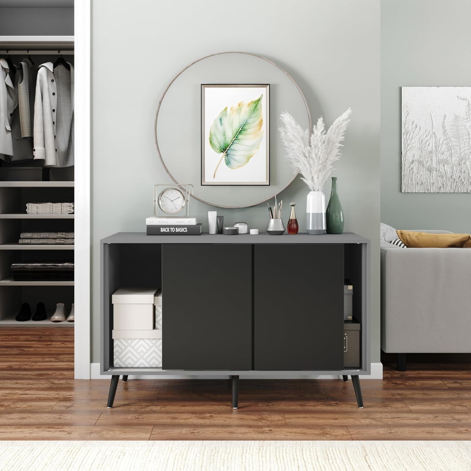 Modern Grey & Black 3 Door Sliding Sideboard Cabinet with Wooden Legs