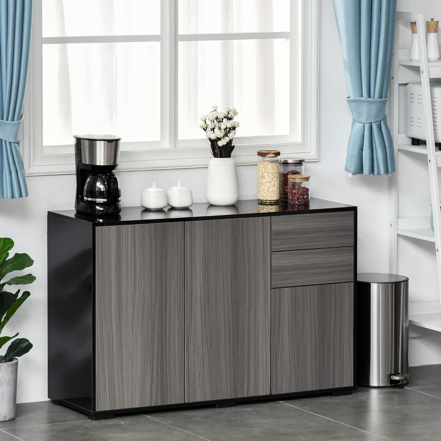 Modern High Gloss Sideboard Cabinet with 2 Drawers & Push-Open Doors Grey